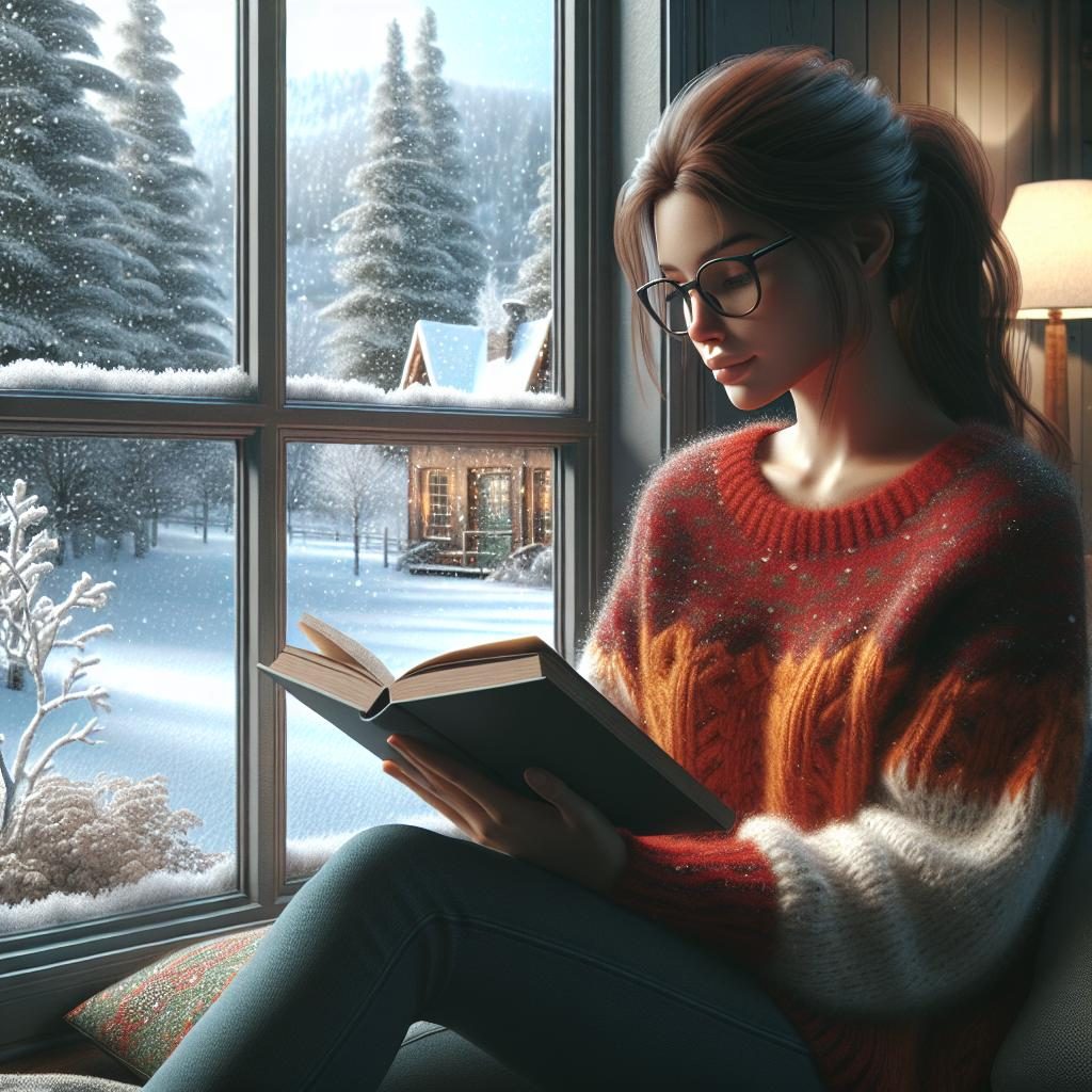 Woman reading book, snowfall outside