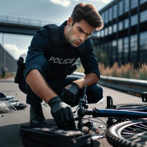 Trooper inspecting damaged bicycle