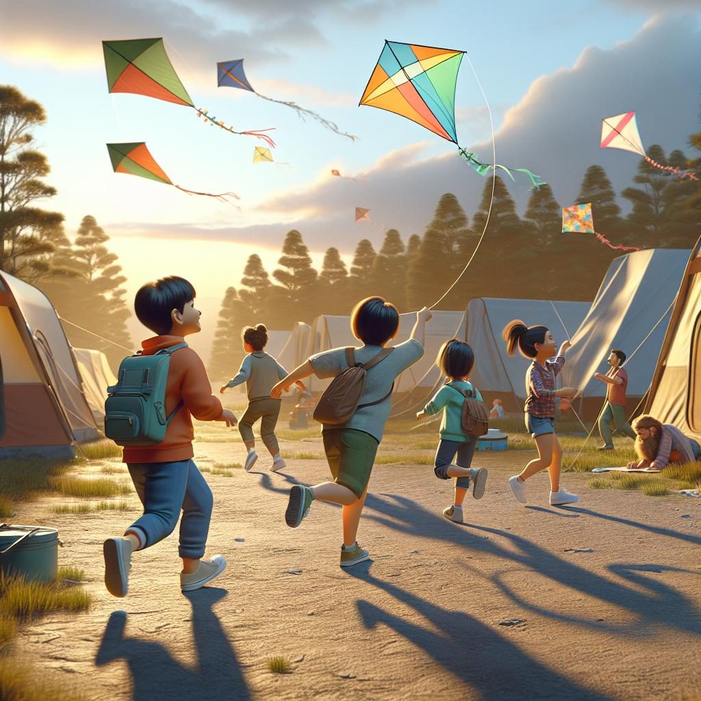 Kids flying kites at camp