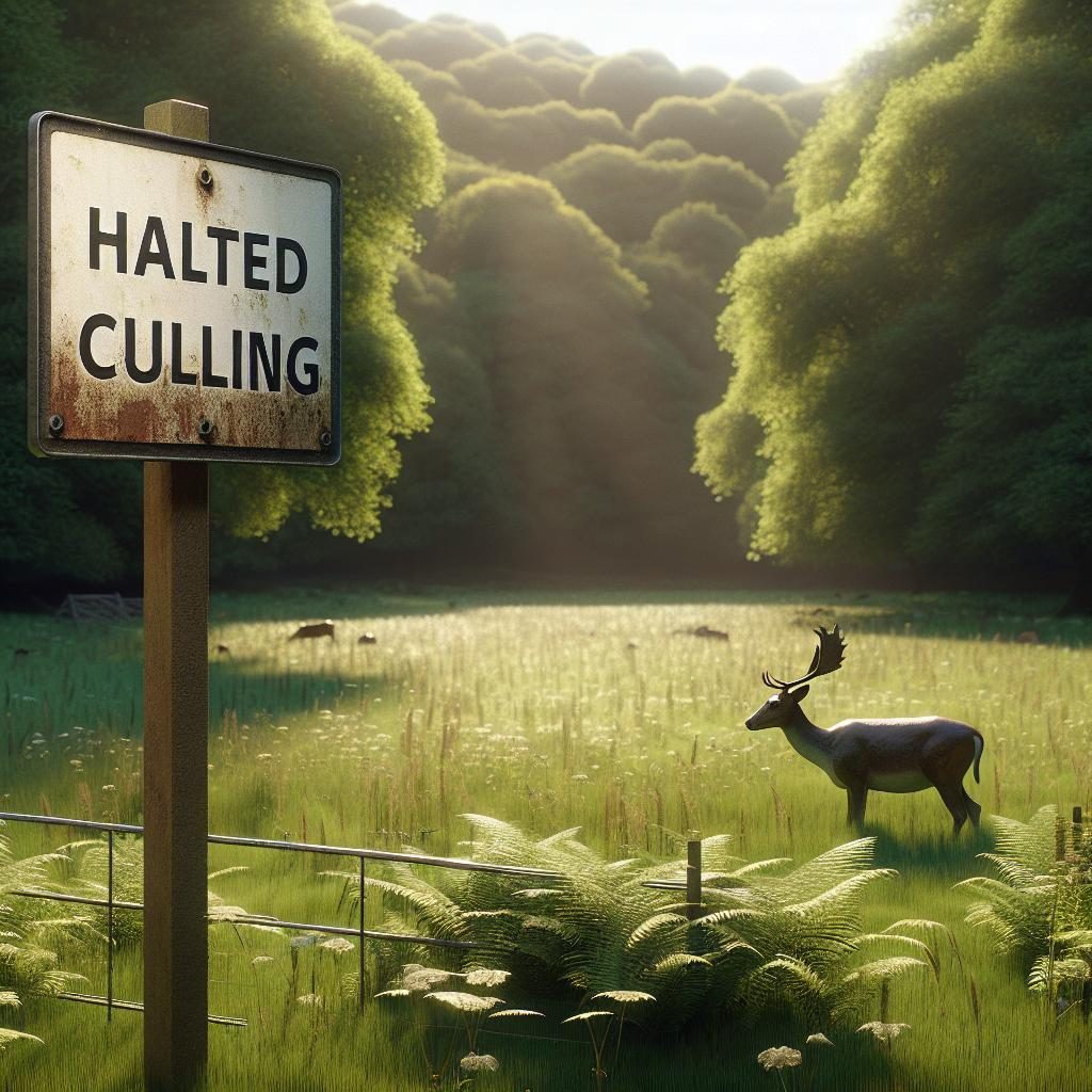 Deer grazing, halted culling sign