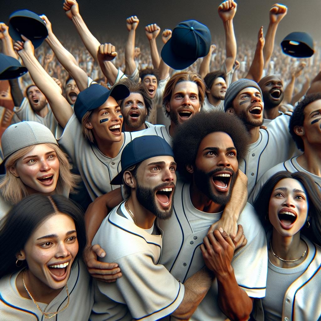 Baseball team celebrating victory.