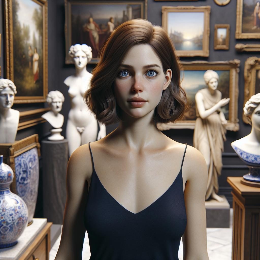 "Woman amidst eclectic art collection"