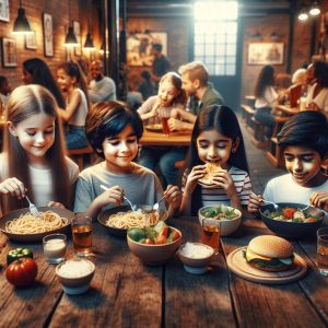 "Kids dining at restaurant"