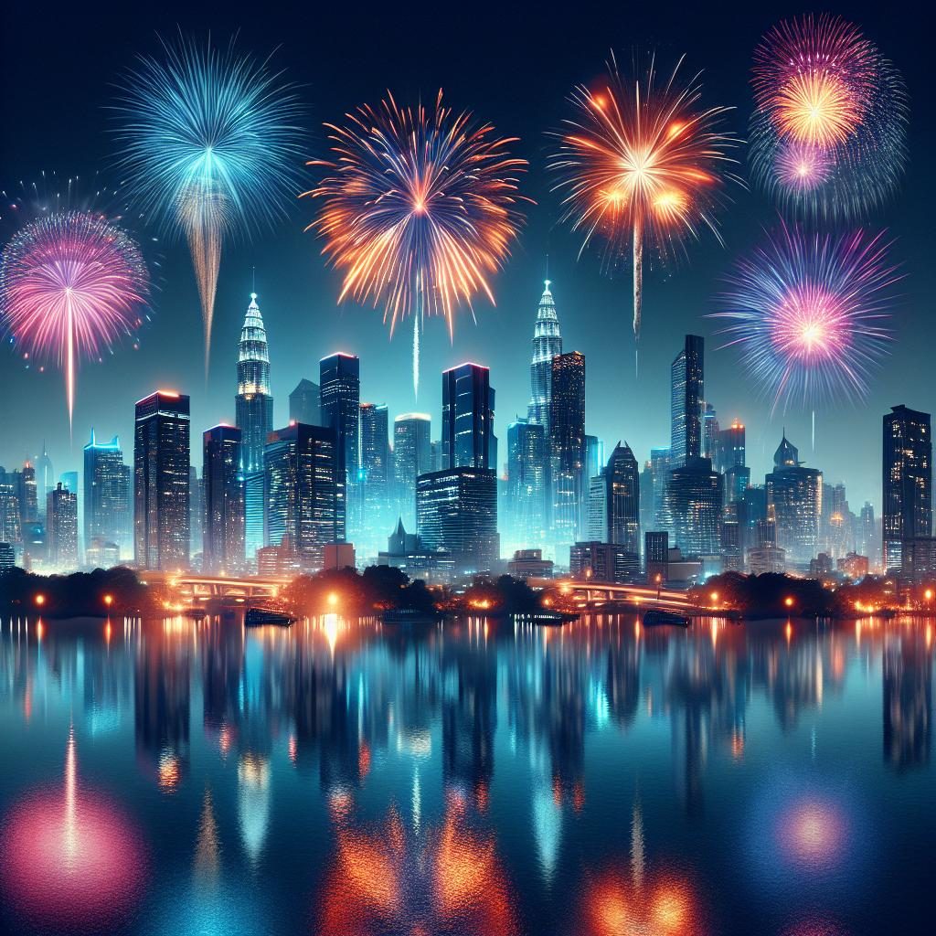 City skyline with fireworks