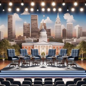 Debate stage, Charlotte skyline backdrop