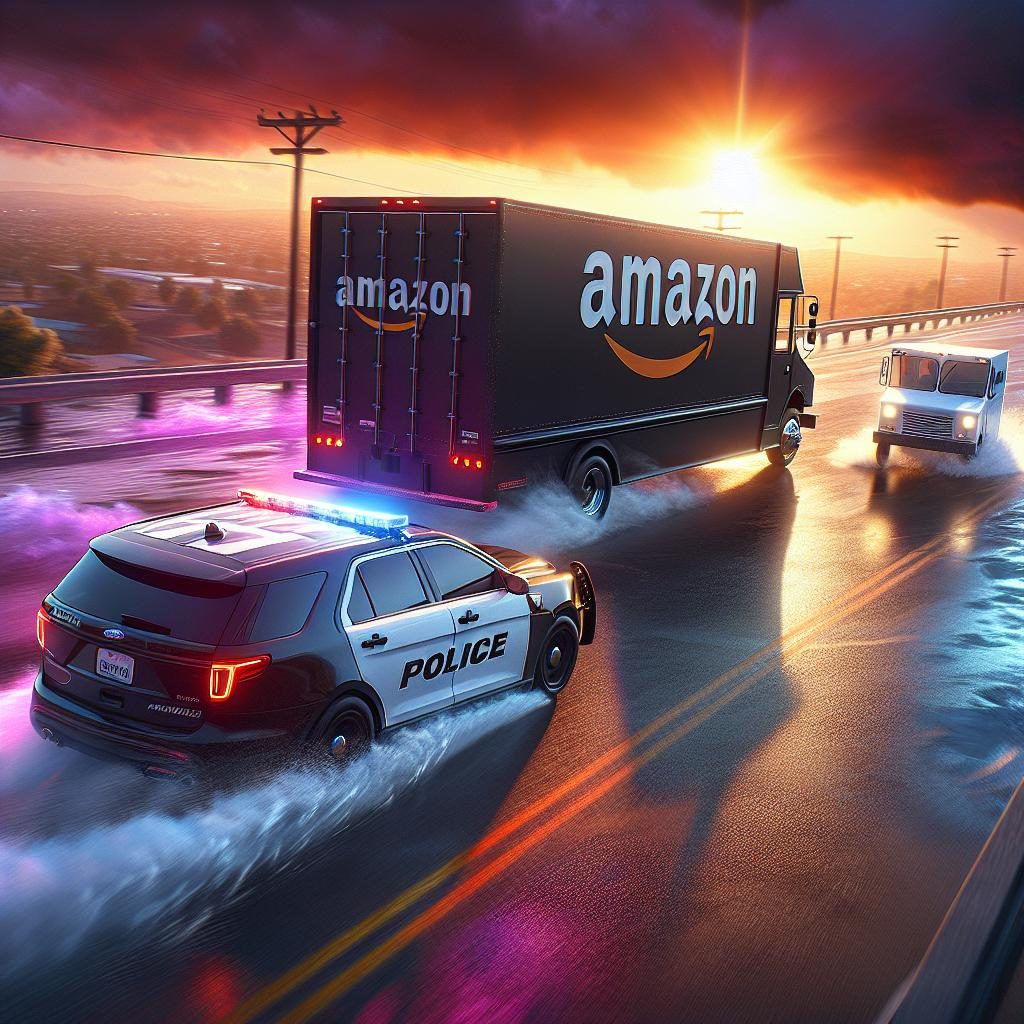 "Police chasing Amazon delivery truck"