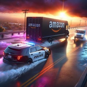 "Police chasing Amazon delivery truck"