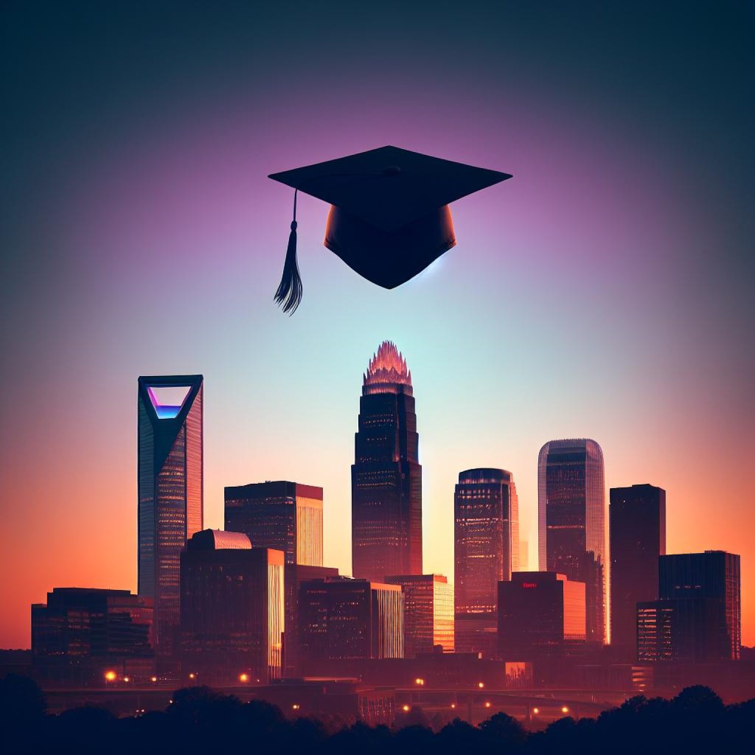 Charlotte skyline with graduation cap