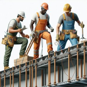 Construction workers fixing bridge.