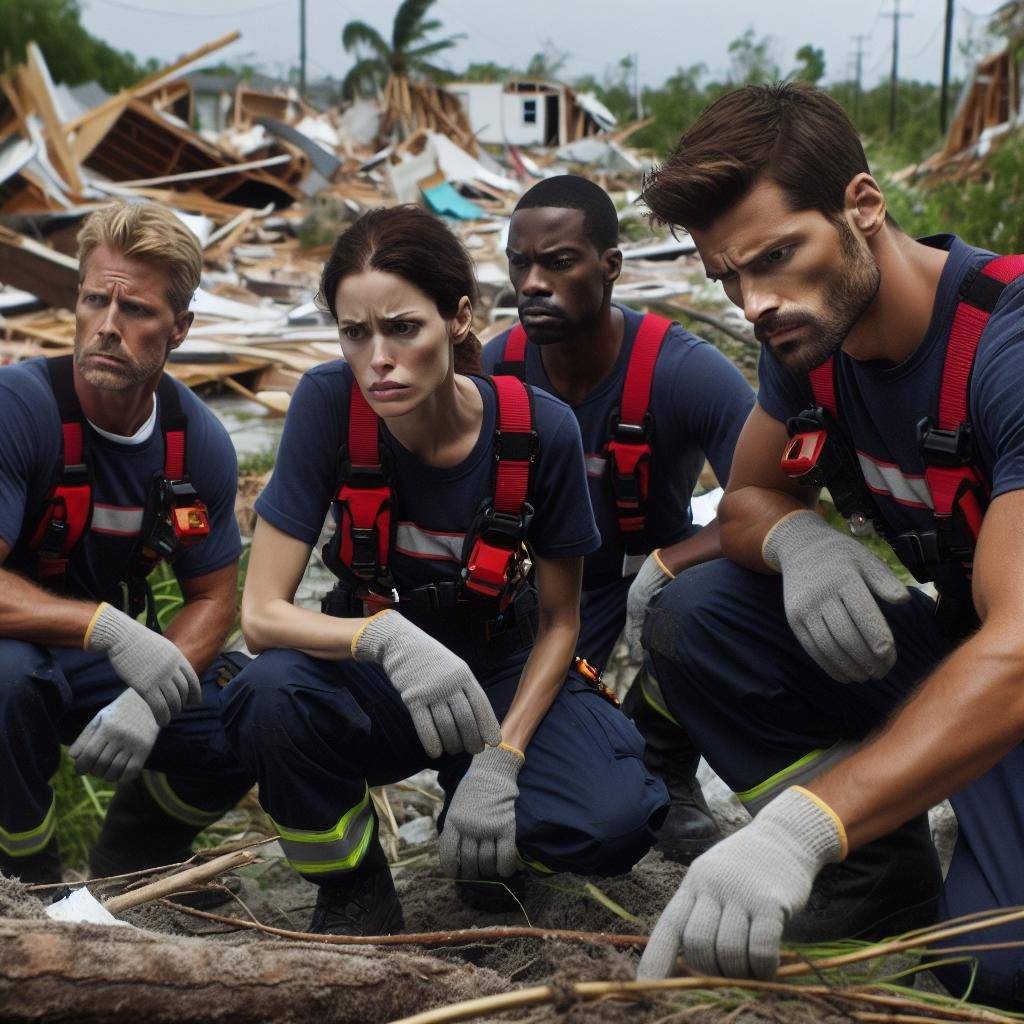 Rescue workers assessing damage