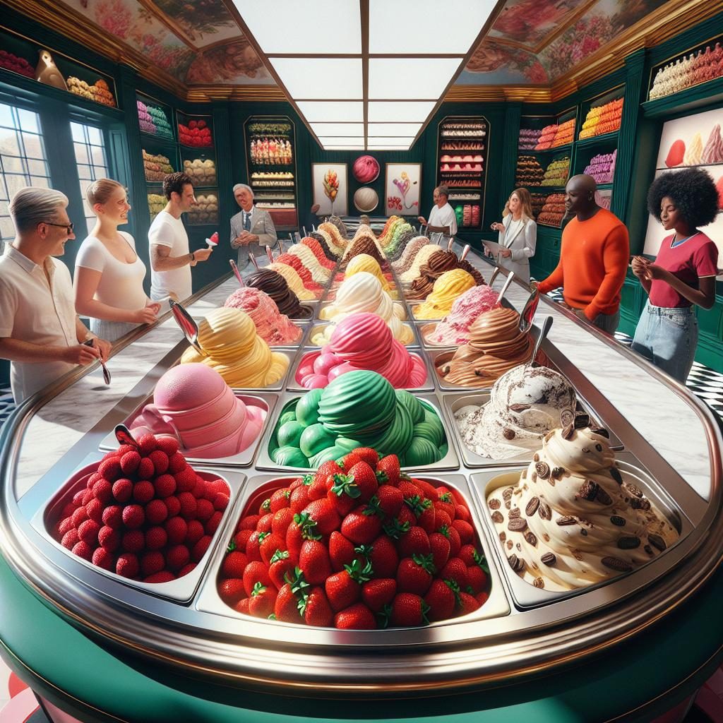 Colorful gelato display scene.
