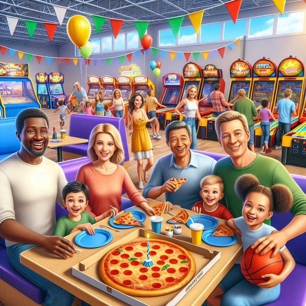 Happy families at Chuck E. Cheese.