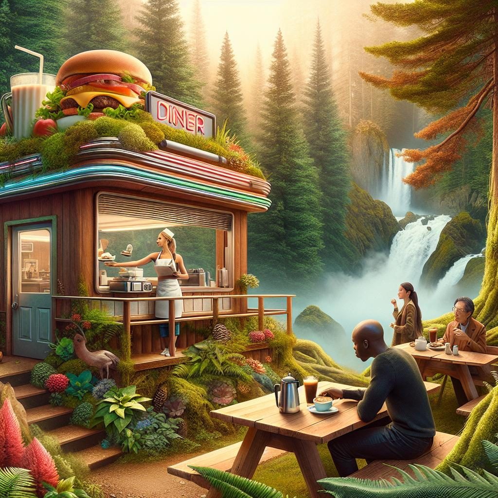 Surreal diner in forest