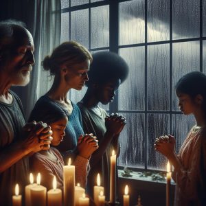 Family prayer under storm.