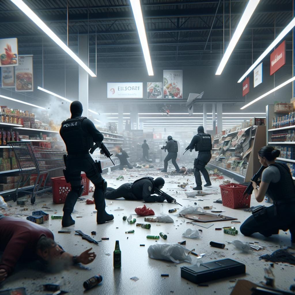 Supermarket shootout aftermath scene.