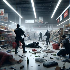 Supermarket shootout aftermath scene.