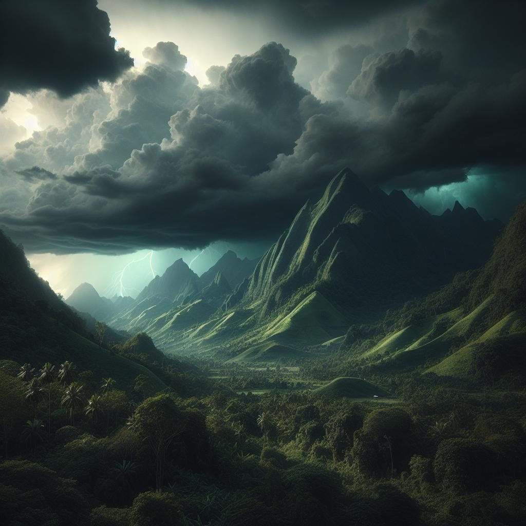 Storm over lush mountains