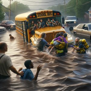 School bus in flood