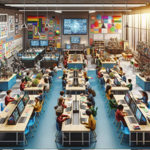 Colorful classrooms with technology.