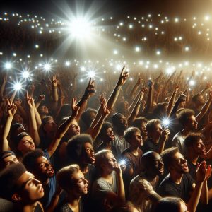 Crowd cheering at concert.