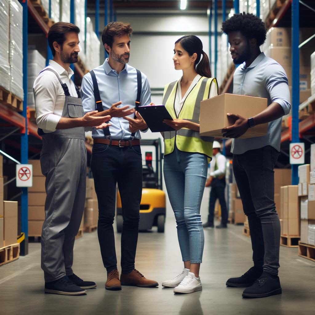 Diverse team collaborating in warehouse.