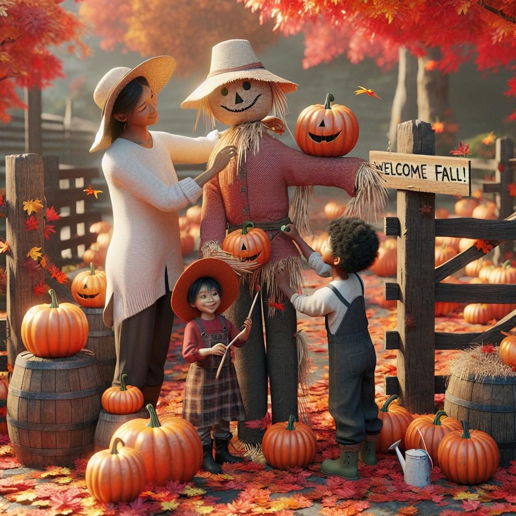 Fall-themed scarecrow decorations.