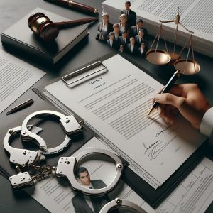 Legal documents and handcuffs