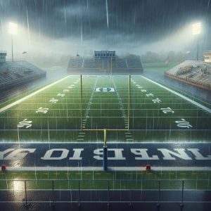 "Football Field Under Rain"