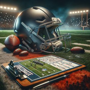 Football helmet and clipboard