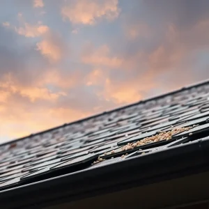 A close-up of a damaged roof showing missing shingles and granules in the gutter.