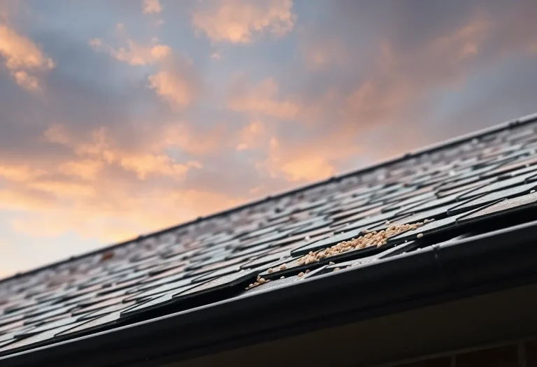 A close-up of a damaged roof showing missing shingles and granules in the gutter.