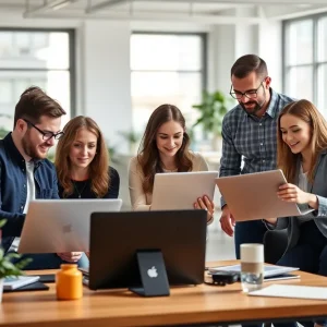 A diverse marketing team collaborating in an office environment.