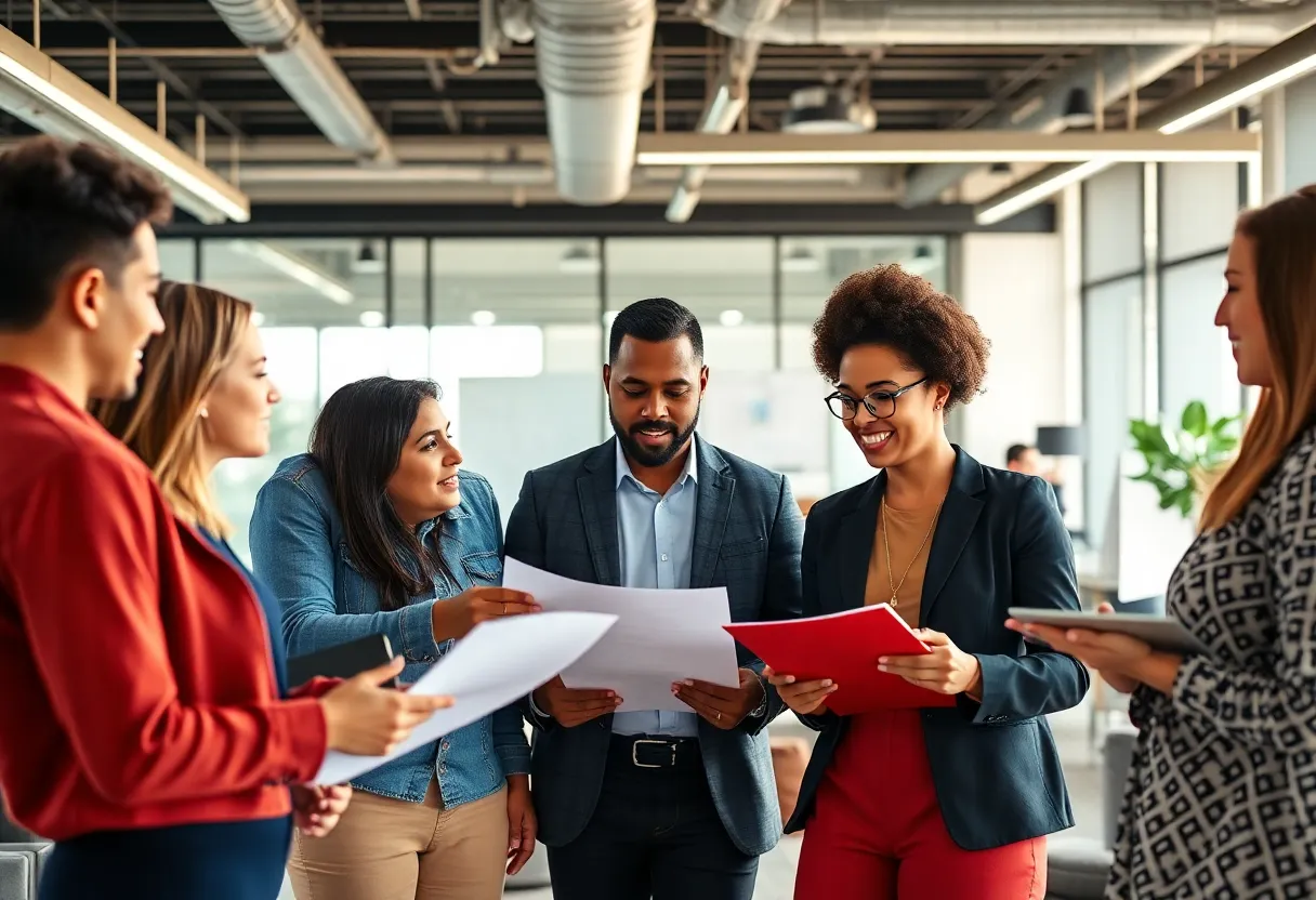 A team of marketing professionals brainstorming in an office setting.