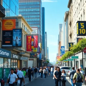 San Francisco street with startups showcasing marketing efforts