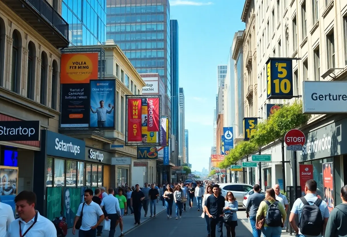 San Francisco street with startups showcasing marketing efforts