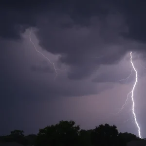 Severe thunderstorm clouds with lightning above Southern Spartanburg