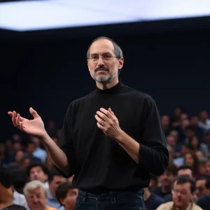 Steve Jobs presenting at a product launch event in Cupertino.