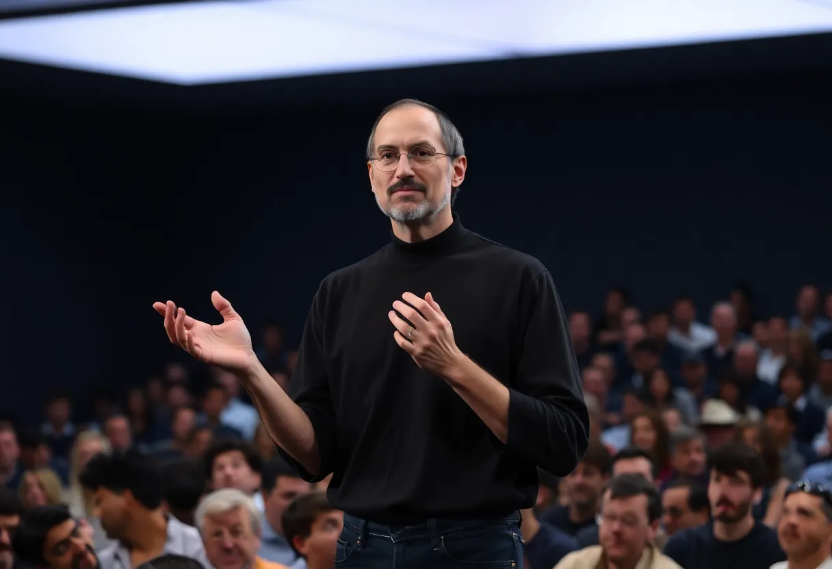 Steve Jobs presenting at a product launch event in Cupertino.