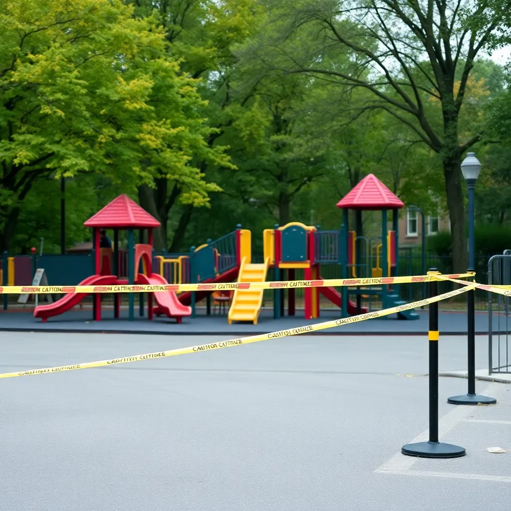 Empty playground with caution tape and police barricade.