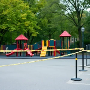 Empty playground with caution tape and police barricade.