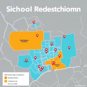 School map with highlighted redistricting zones and markers.