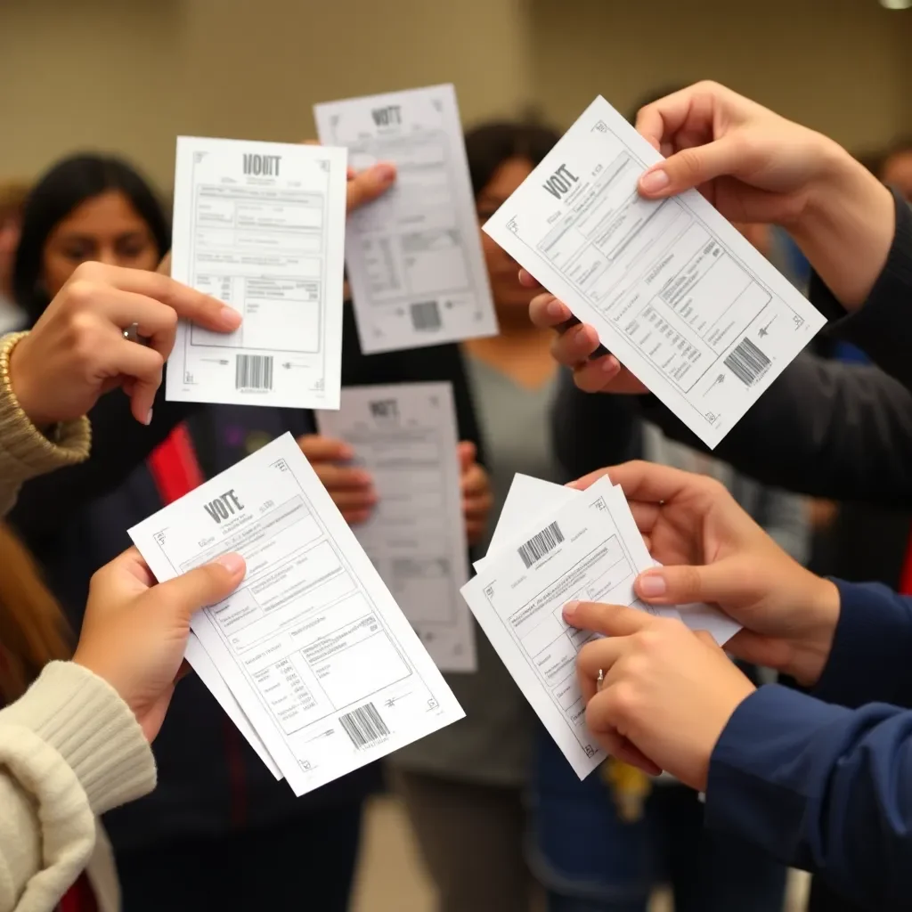 Voting ballots with diverse community members' hands.