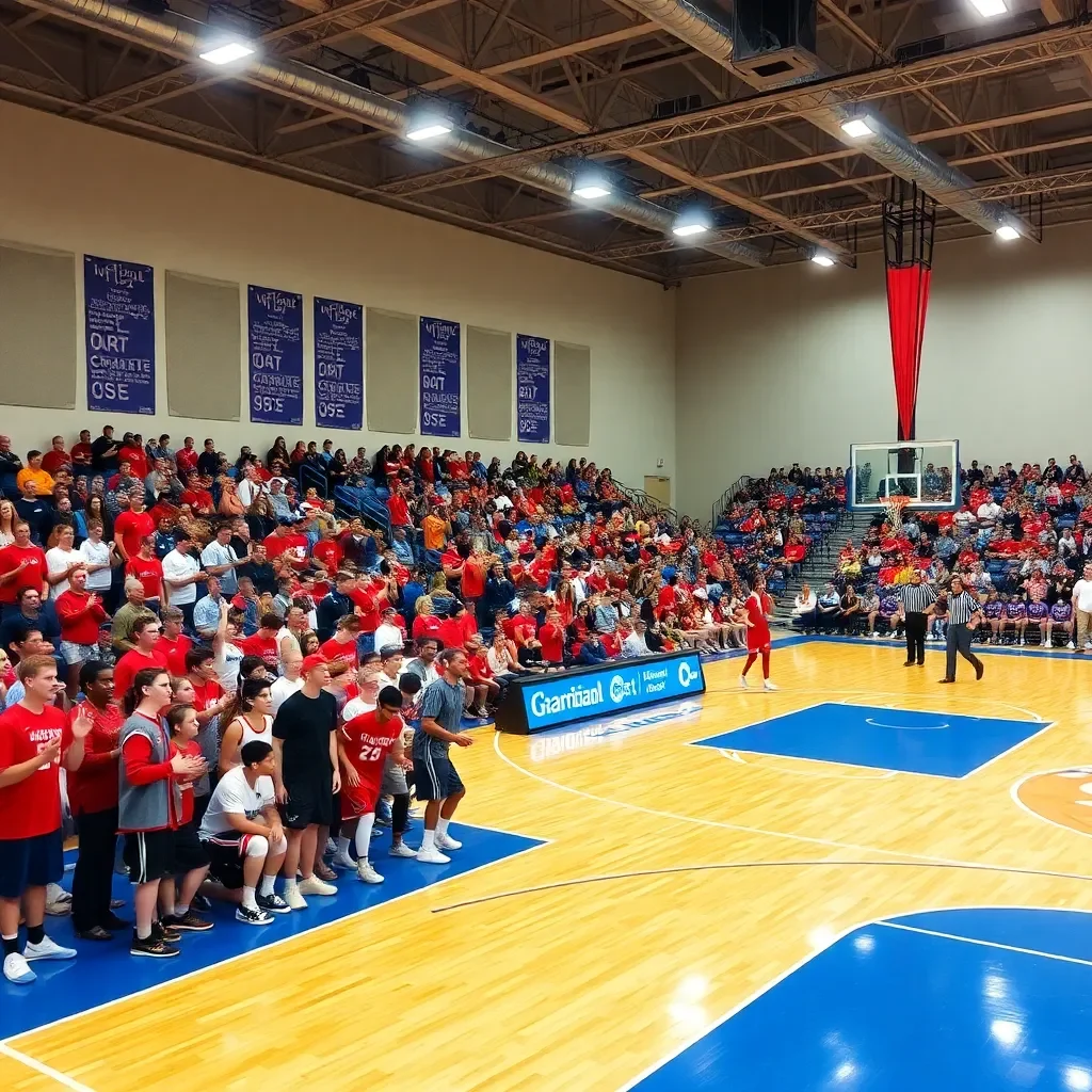 Basketball court with vibrant team colors and cheering crowd.