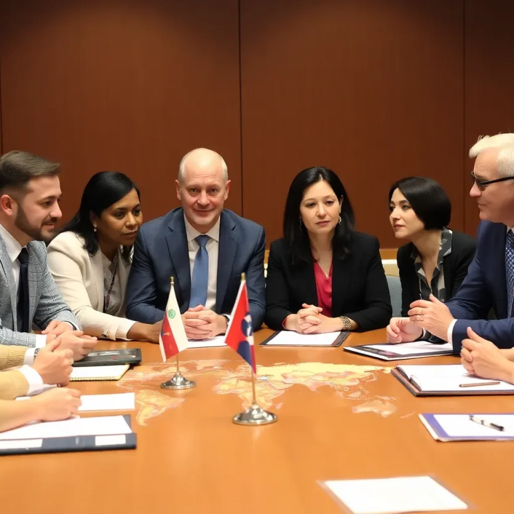 Diverse group discussing global diplomacy over a conference table.