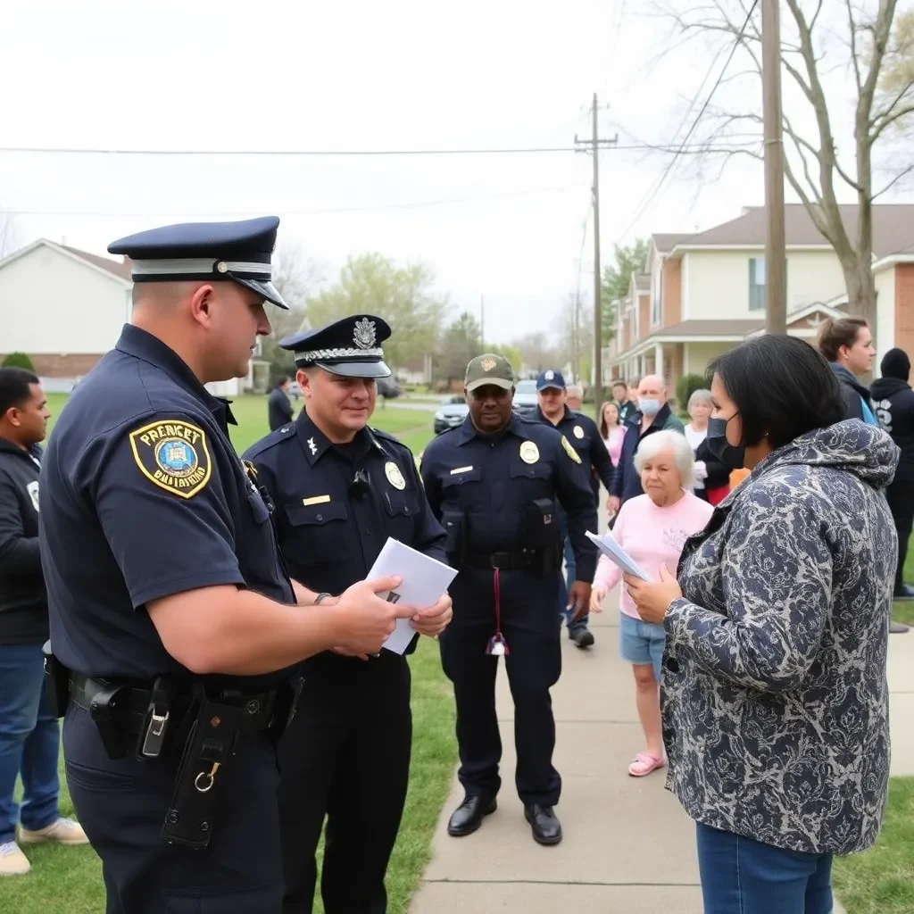 Police officers conducting community outreach in a neighborhood.