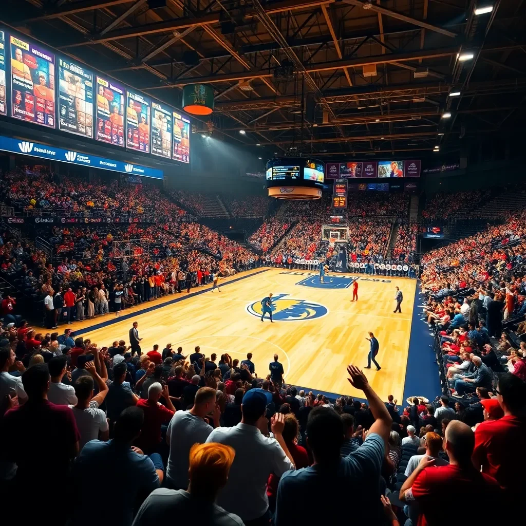 Exciting basketball court with cheering fans and team colors.