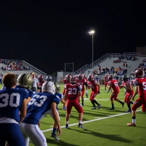 Exciting high school football game under stadium lights.