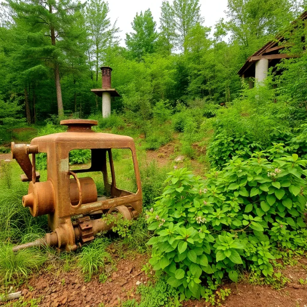 Abandoned construction site with overgrown vegetation and rusted machinery.