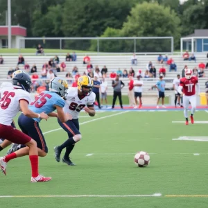 Dynamic football action on a vibrant high school field.