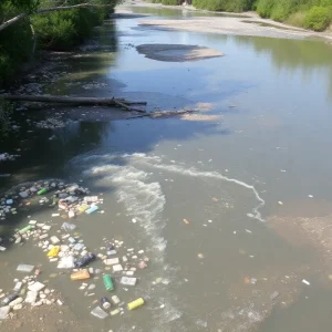 Polluted river with plastic waste and chemical runoff.